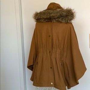 Wool cape with fur-lined hood